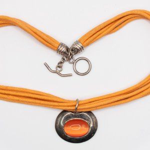 Orange Multi-rope Necklace with Orange Moonstone in Silvertone Pendant